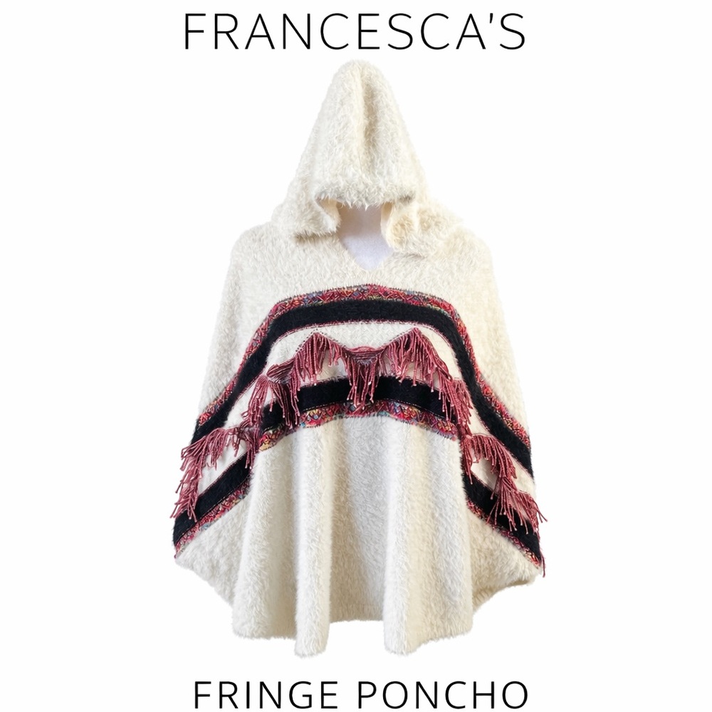 Francesca's Cream Hooded Fringe Poncho with Black and Pink Stripes